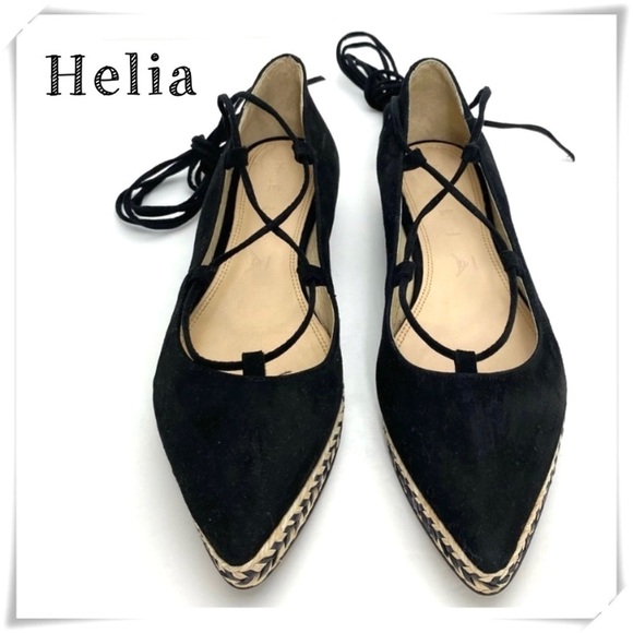 Helia Suede Ankle Lace Up Pointed toe Espadrilles Flats in Black - Picture 1 of 9